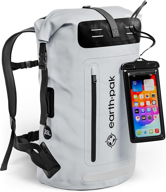 Waterproof Dry Bag Backpack 35L - Kayaking Boating Fishing Rafting Marine | Gray 35L dry bag: 500D PVC, abrasion resistant build, IPX8 phone case for river and lake trips