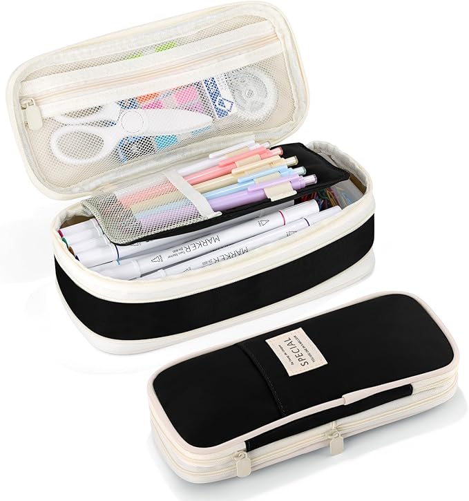Large Capacity Pencil Case with Zipper, Aesthetic Pencil Pouch, Portable Stationery Organizer Bag for Teen and Adults, Big Pencil Bag for College, Office, Travel - Black