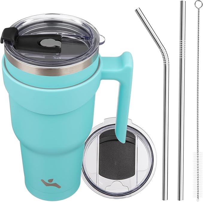 Konokyo 40 oz Tumbler with Handle and 2 Straw 2 Lid, Insulated Water Bottle Stainless Steel Vacuum Cup Reusable Travel Mug,Turquoise