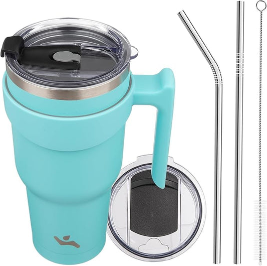 Konokyo 40 oz Tumbler with Handle and 2 Straw 2 Lid, Insulated Water Bottle Stainless Steel Vacuum Cup Reusable Travel Mug,Turquoise