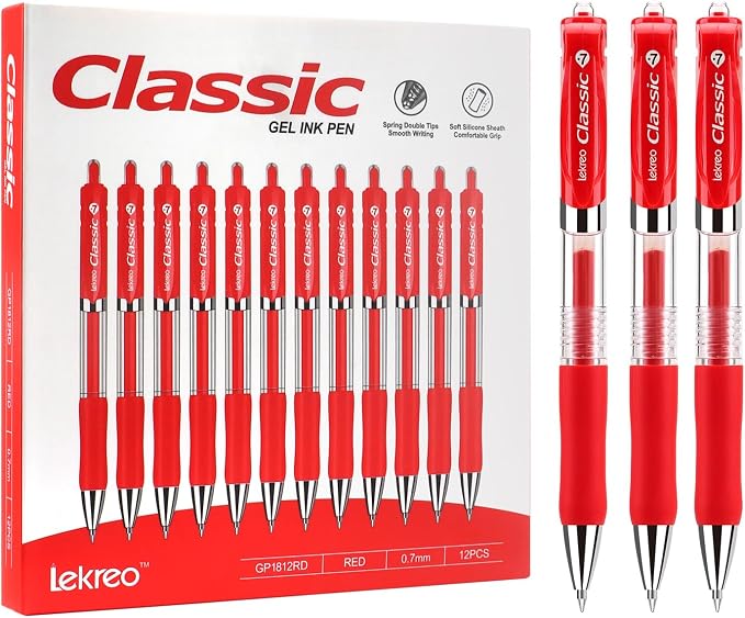 Classic Retractable Gel Roller Pens, 0.7mm Fine Point, Red Ink (Red - 12 Packs)