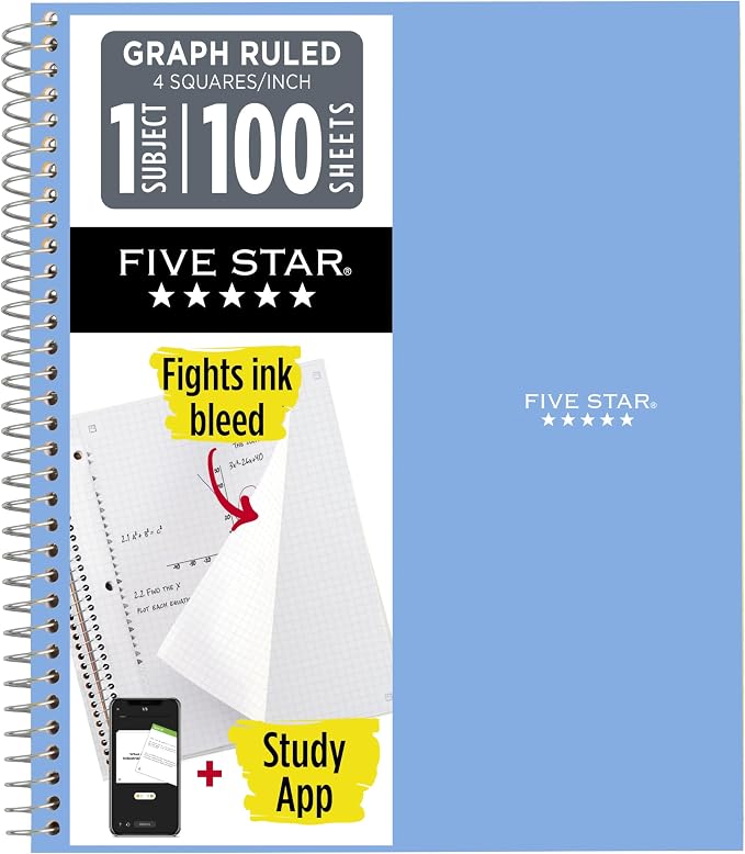Five Star Spiral Notebook + Study App, 1 Subject, Graph Ruled Paper, 8-1/2" x 11", 100 Sheets, Fights Ink Bleed, Water Resistant Cover, Tidewater Blue (06190AA4)