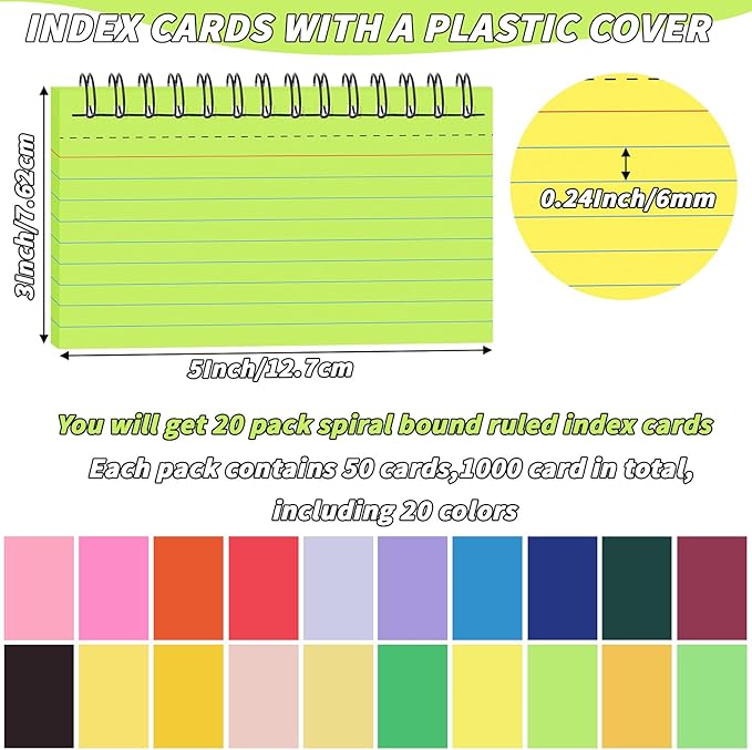 1000 PCS Colorful Spiral Index Cards 3x5 Inch Flash Cards with Ring Lined Note Card Book Flashcards, Colored Ruled Card Pad Index Note Books 3 x 5 Notecards for Studying School Supply College Office