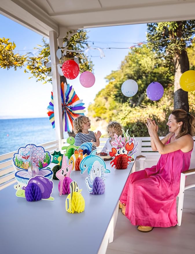 12 Pcs Under The Sea Party Decorations, Sea Animals Honeycomb Centerpieces Ocean Fish Centerpieces for Table Beach Table Decorations for Baby Shower Sea Creatures Theme Birthday Party Supplies