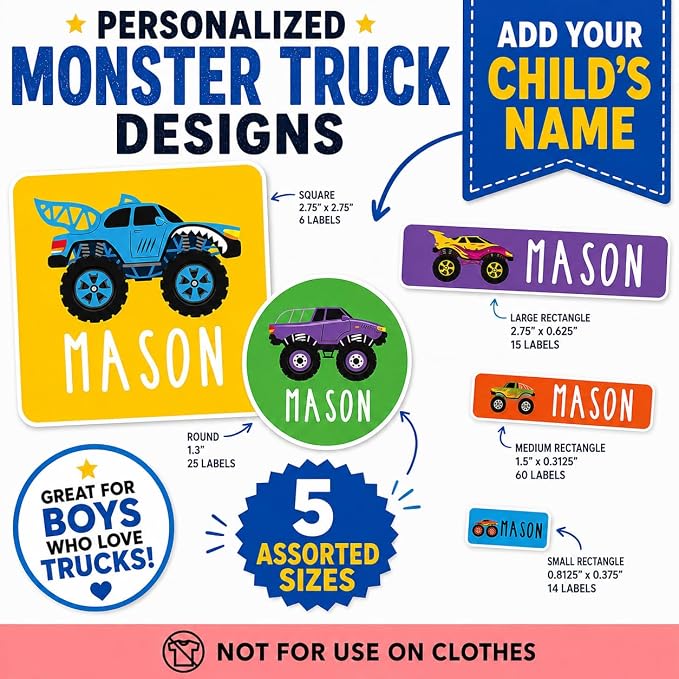 Andaz Press Custom Personalized Waterproof School Name Labels, Monster Trucks, 120-Pack, Kids Labels Combo, Customizable Name Stickers Personalized School Supplies Camp Label Daycare Stickers