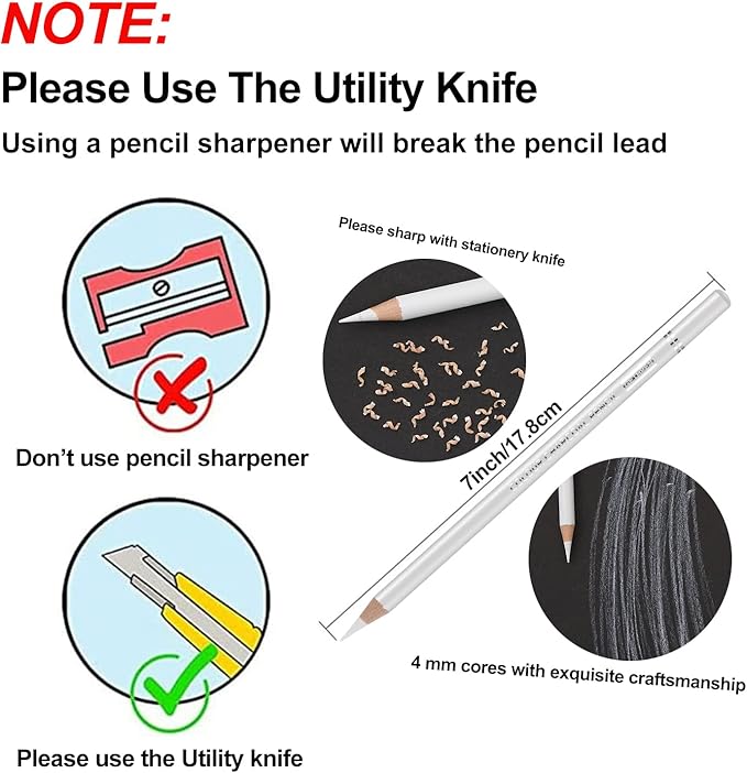GETHPEN Professional White Charcoal Pencils Set - 6 Pieces Sketch Highlight White Pencils for Drawing, Sketching, Shading, Blending - Beginners & Artists
