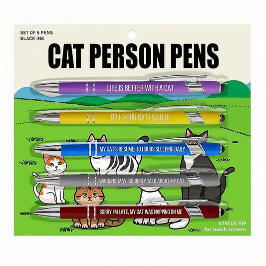 Jxueych 5-Pack Cat Person Ballpoint Pens with Stylus Tip, Feline Quotes, Vibrant Colors Barrel, Smooth Writing Black Ink, Gift for Fancy Feline Fans Cat Lover