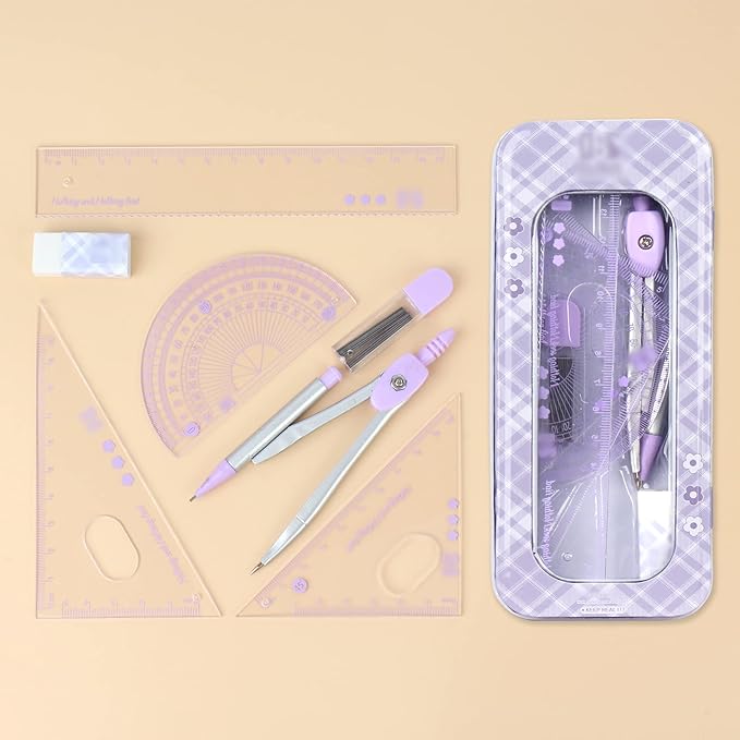 LABANCA 8 Pcs Compass Set with Protractor Rulers Pencil for Math Geometry (07434 Purple)