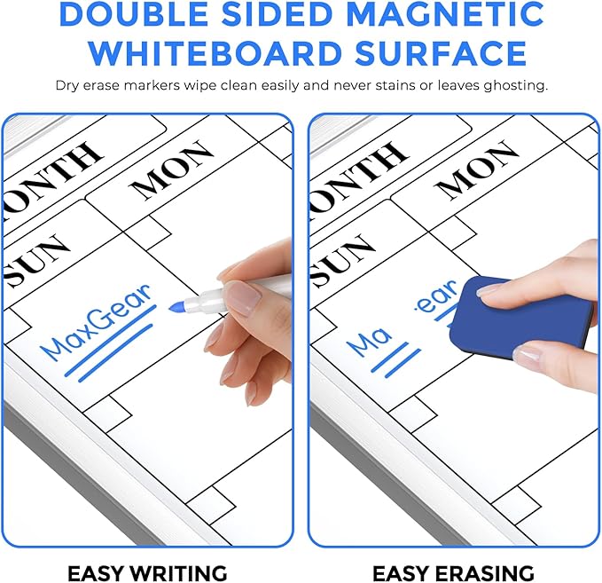 MaxGear Double Sided Magnetic Dry Erase Board Calendar, 36" x 24" Monthly Whiteboard for Wall, Aluminum Framed Reversible White Board with Notes Section, Markers, Magnets & Eraser for Home Office