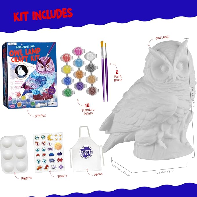 LAOESE Paint Your Own Owl Lamp Kit, Art Supplies Painting Kits for Kids 6-12, Arts and Crafts for Kids Ages 8-12, Owl Toy Girls Boys Birthday Gifts for Kids Ages 3 4 5 6 7 8 9 10 11 12+