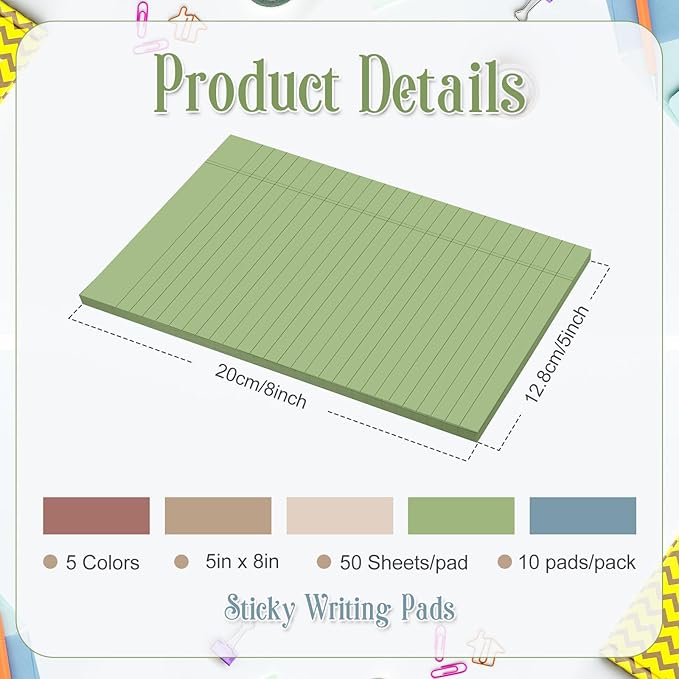 TaoBary 10 Pcs Small Legal Pads 5 x 8 Inch Colored Lined Sticky Notepads 500 Sheet Self Stick Ruled Writing Note Pads for School College Office Home Memo Supplies 5 Colors(Retro Color)