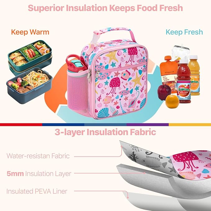 Bagseri Kids Lunch Box for Girls - Insulated Toddler Lunch Bag Fits Bento Box, Reusable Daycare Cooler Tote with Clip Handle, Water-Resistant Lining, Pink Sea World