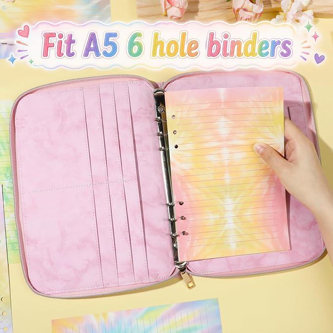 100 Sheets Tie Dye A5 Planner Inserts - 120GSM Thick Rainbow Refill Paper for A5 6-Ring Binder, Watercolor 6 Hole Loose Leaf Sheets for Journal Diary Notebook Budget Creative Planning
