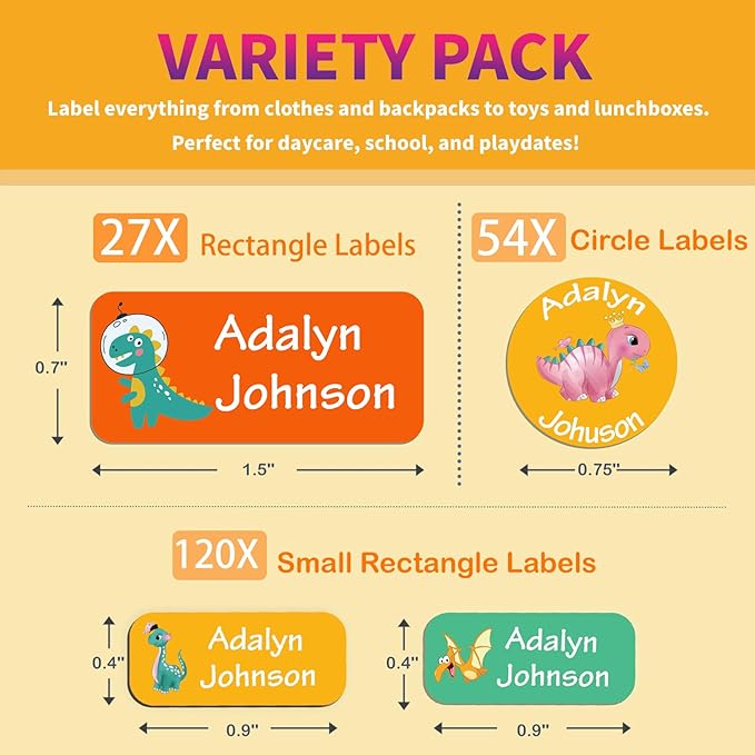 Custom Personalized Name Labels for Kids-(200-1000Labels) Waterproof Name Stickers Tags for School&Daycare,Clothing Tags,Washable&Durable Labels for Lunch Boxes, Bottles,Toys&GEA (Dinosaur)