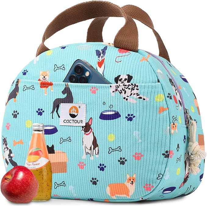 CaCTOUR Lunch Box for Women Girls Teens,Cute Lunch Box Cooler Bag, Portable Insulated Small Lunch Bag Women Reusable Corduroy Lunch Tote for Work/Travel/Picnic/School (Dog Green,Small)