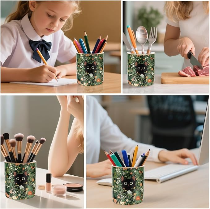 Black Cat Pen Holder for Desk Accessories, Durable Ceramic Pencil Organizer Decor for Room, Office, Classroom, Cat Lover Gifts