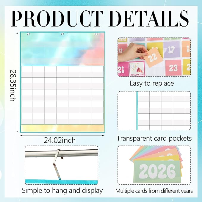 Tinlade Classroom Calendar Pocket Chart Set with 115 Cards 24 x 28 Inch Rainbow Pastel Calendar Bulletin Board Pocket 2026-2033 Festival Weather Teacher Supplies for Back to School Wall Decoration