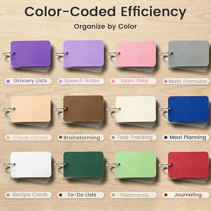 Koogel 600PCS Index Cards with Rings and Covers, 2.2x3.5 Inch Colored Flash Cards for Studying, Easy Flip Notecard for School Learning College Memory Recipe Color Coding Office Supplies, 12 Colors