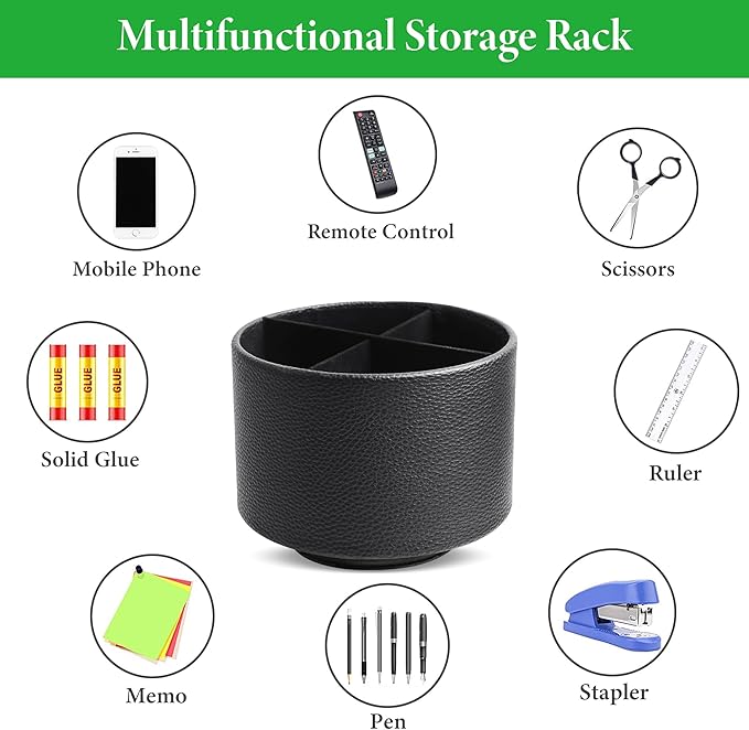 Round Leather Art Supply Organizer,Remote Control Holder,360 Degree Spinning,Multi-Functional Pencil Holder,4 Compartments Desktop Stationary Organizer(1-Lichee Black)