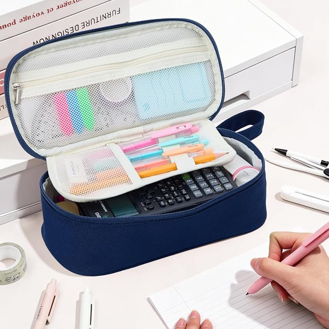 Pencil Case Pouch, Large Capacity Pen Bag Organizer, Cute Aesthetic Pencil Box for Girls Boys Kids, Back to School Supplies, Teacher Supplies Classroom Essentials, Navy Blue