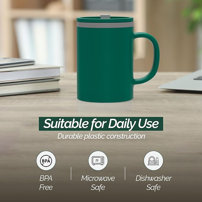 Copco Iconic 16oz Double Wall Insulated Desk Mug with Lid & Handle, Set of 2, BPA-Free Reusable Plastic, Spill-Resistant, Microwave & Dishwasher Safe, Wide Mouth (Green/Hunter Green)