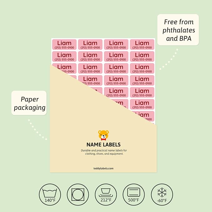 TeddyLabels - Clothing Labels for Nursing Home (60) – Self-Adhesive Name Tags for Clothes and Personal Items. Personalized Labels for Daycare, Nursing Homes, and Laundry Use - Pink
