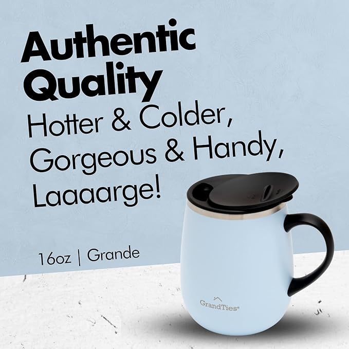 GRANDTIES Insulated Coffee Mug with Handle - Sliding Lid for Splash-Proof 16oz Wine-Glass Shape Thermal Tumbler with Double Walled Vacuum Stainless Steel to Keeps Beverages Hot or Cold-Glacier Lake