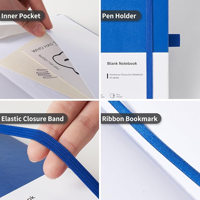 Heture Hardcover Notebooks, A5 Blank Notebook for Writing 160 Pages, 8.2 x 5.5 inch, Classic Blank Notebooks for College/Work/Travel (Blanked-3 Pack, Blue)