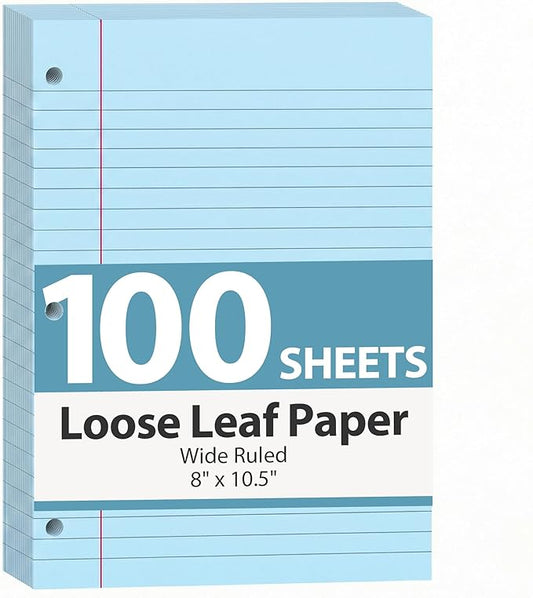 HIBOX Loose Leaf Paper Wide Ruled Notebook Paper, 100 Sheets 8"x10.5" Filler Papers Blue, 3-Hole Punched Binder for Back to School & College Supplies, Fights Ink Bleed, Office Planners