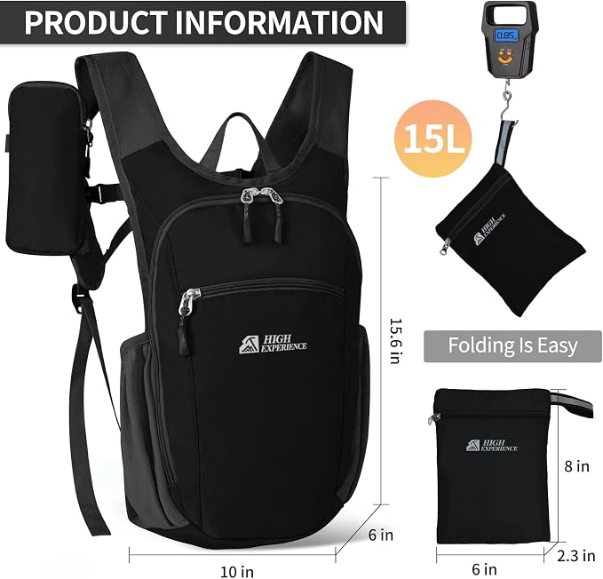 Small Hiking Backpack Packable Lightweight for Women Men | 10L/15L, Hiking Daypack, Foldable, Water Resistan, Ultralight, with Phone Pocket, Travel, Outdoor, Walking