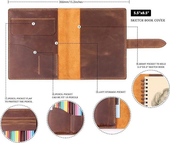 Robrasim Handmade Leather Sketchbook Cover, Leather Artist Sketch Pad Cover for 5.5" x 8.5" Sketchbook, Drawing Book and Pencil Case, Journal Notebook Portfolio, Artis Gifts-Brown