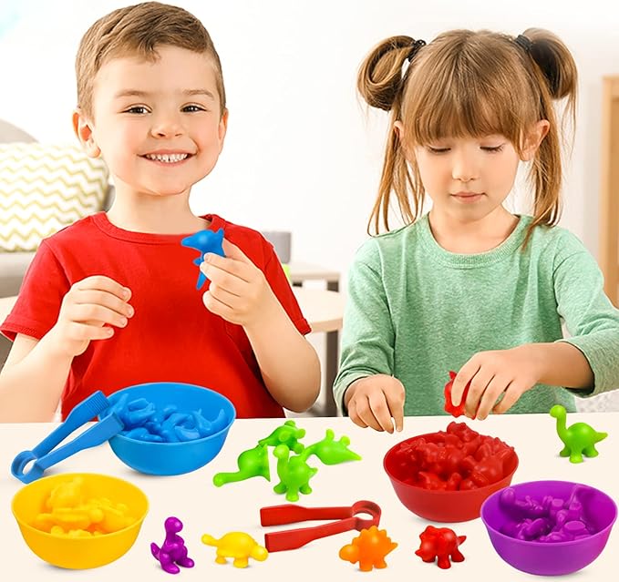 GKDOMS Counting Dinosaurs Toys Matching Game with Sorting Bowls Preschool Learning Activities Montessori Sensory Toys for Math Color Sorting, Party Favors Birthday Gift for Toddlers