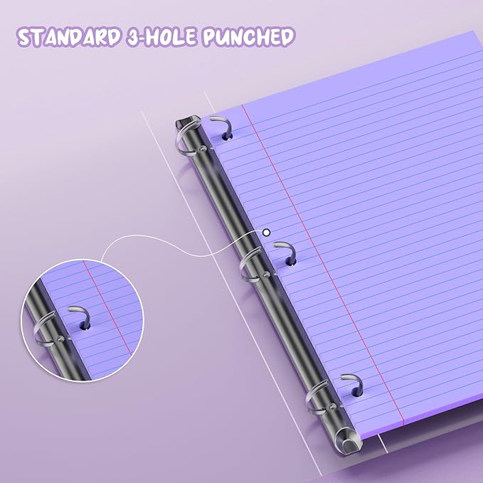 Purple Loose Leaf Paper 8 x 10.5, 120 Sheets Lined Paper College Ruled Paper, 3 Hole Punched Notebook Paper College Ruled, 3 Ring Binder Paper 8 x 10.5, Filler Paper College Ruled for Office, School