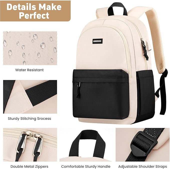 KROSIAS School Backpack for Teens Girls, Cute Student Bookbag Large 15.6 Inch Laptop Bag Aesthetic College Backpacks for Women High School Travel (Black Beige)