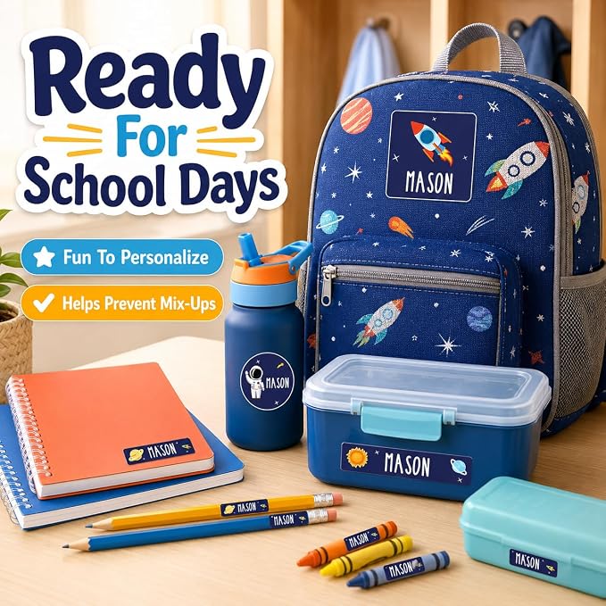 Andaz Press Custom Personalized Waterproof School Name Labels, Outer Space 120-Pack, Kids Labels Combo Pack Customizable Name Stickers Personalized School Supplies Camp Label Daycare Stickers