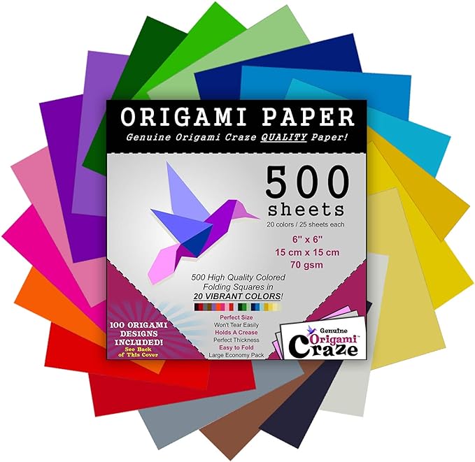 Origami Paper 500 Sheets Premium Quality for Arts and Crafts 6" Square Sheets 20 Vibrant Colours Same Colour on Both Sides 100 Design Ebook Included (See Back of Cover for Download info)