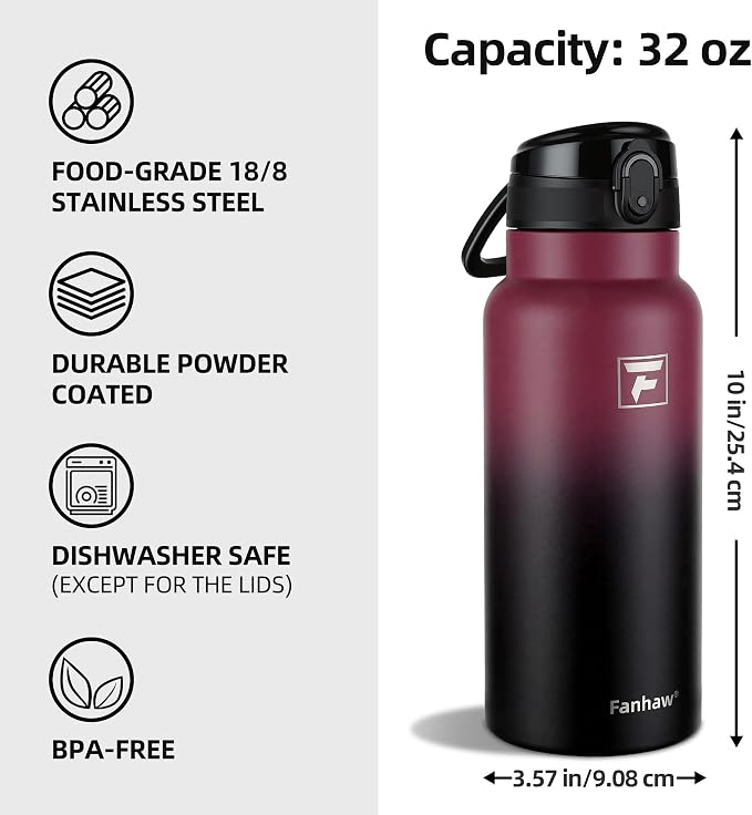 Fanhaw 32 Oz Insulated Stainless Steel Water Bottle with Chug Lid – Wide Mouth, Leak-Proof, BPA-Free – Ideal for Kids, Adults, Sports, Gym, and Outdoor Use (Red Black)