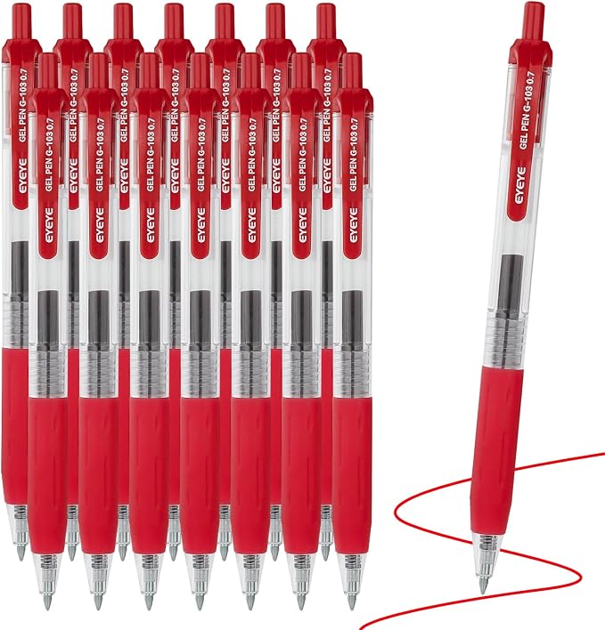 EYEYE G-103 Red Gel Pens 15 Pack, Retractable, 0.7mm Medium Point | Quick Drying, Ballpoint Pen Fine Point Smooth Writing Pens for Office Supplies, Black to School