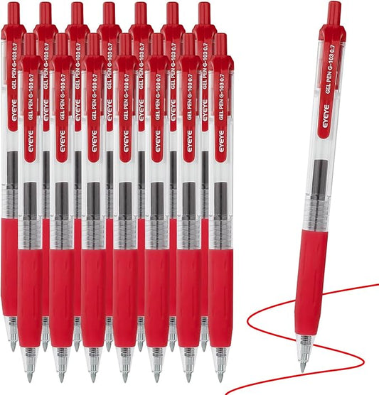 EYEYE G-103 Red Gel Pens 15 Pack, Retractable, 0.7mm Medium Point | Quick Drying, Ballpoint Pen Fine Point Smooth Writing Pens for Office Supplies, Black to School
