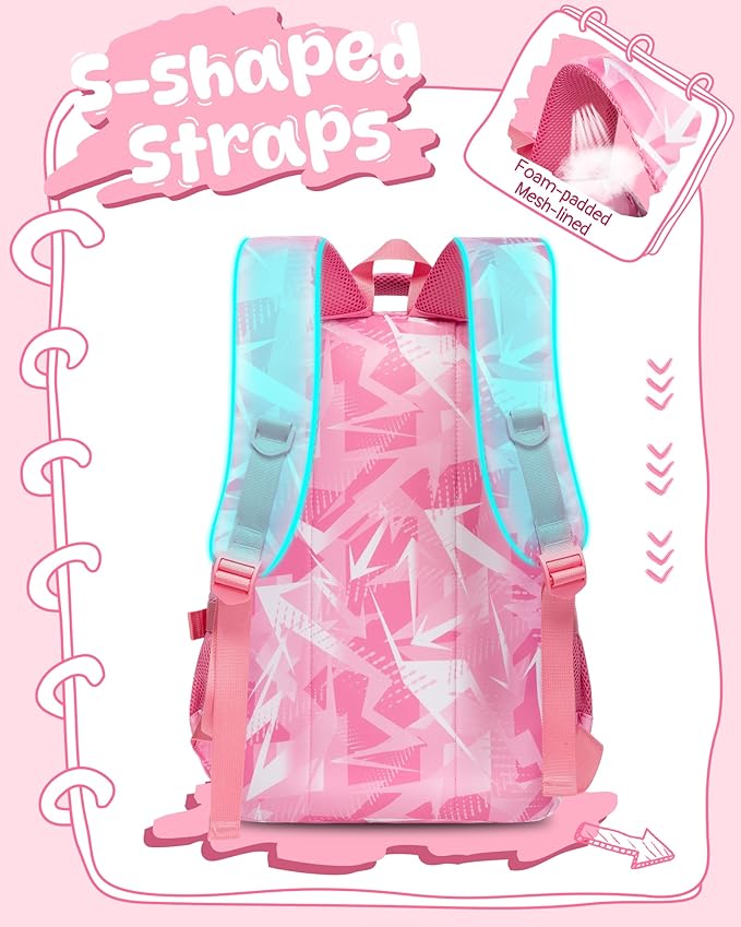 BLUEFAIRY Kids School Backpack for Boys Girls Ages 6-8 8-10 10-12 Elementary Middle School Book Bags with Laptop Compartment Mochilas Escolares para Niños Niñas de 8 10 12 Años (Pink, Geometric)