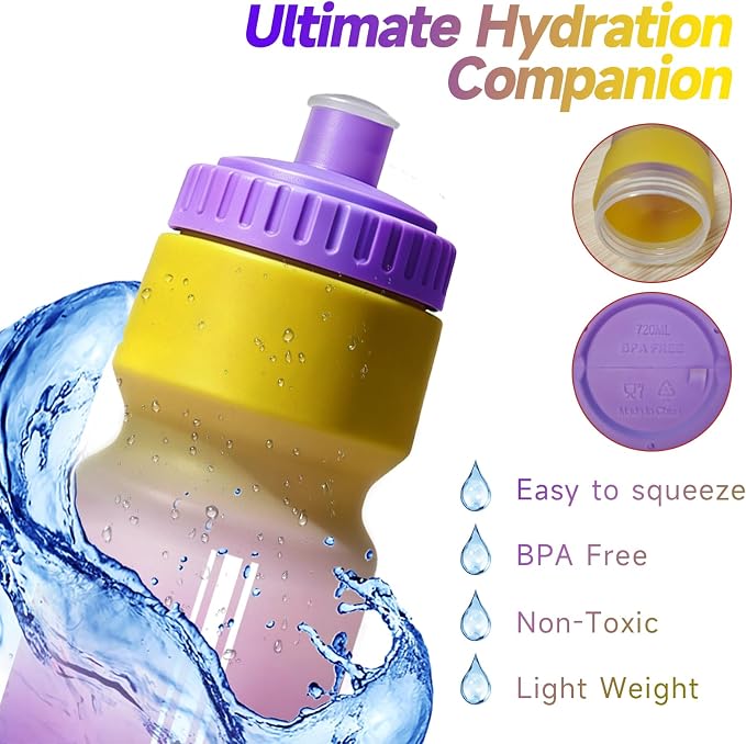 2 Pack Bike Water Bottle, Squeeze Water Bottle Leakproof BPA Free 24Oz | with Capacity Scale w/Pull Top Lid, Reusable, for Bicycle, Gym,Camping, Hiking
