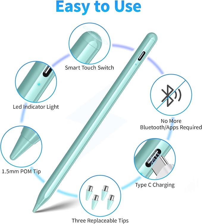 Stylus Pens for Touch Screen, DRYMOKINI Stylist Pen Compatible for Android and iOS Tablet/Phones, Rechargeable Universal Stylus Pencil Compatible for A-pple/i-Pad/Phone Tablet, Light Blue