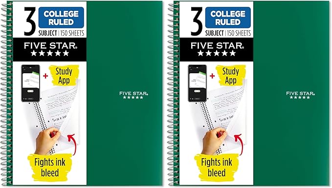 Five Star Spiral Notebook + Study App, 3 Subject, College Ruled Paper, Fights Ink Bleed, Water Resistant Cover, 8-1/2" x 11", 150 Sheets, Green (72067) (Pack of 2)