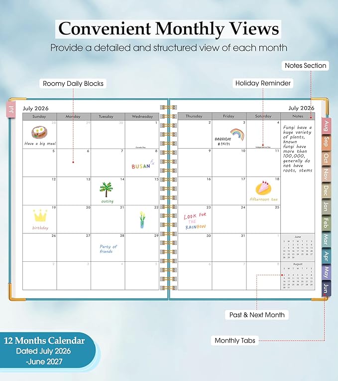 Academic Planner 2026-2027, Hardcover Leather Weekly and Monthly Calendar Planner from July 2026 - June 2027, A4 8.5" x 11" Daily Agenda with Tabs, College School Organizer for Student Teacher, Pacific Green