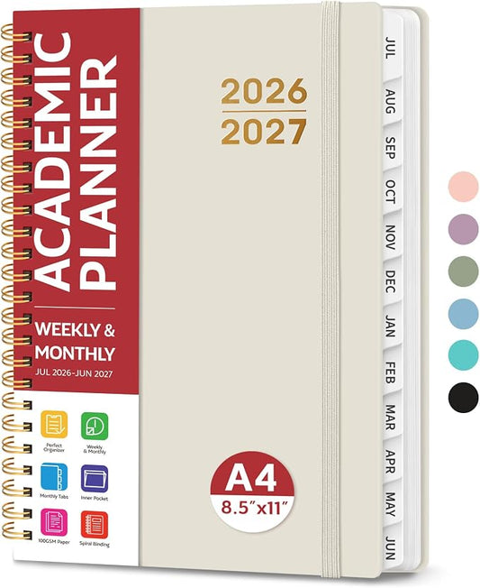 Planner 2026-2027 for Women & Men, Academic Monthly and Weekly Calendar Planner, Jul 2026 - Jun 2027, A4 (8.5" x 11"), Teacher Student Planning Book with Tabs, Ideal for Office School Supplies - Beige