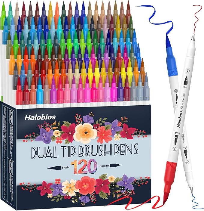 Halobios Dual Tip Art Markers - 120 Numbered Colors (Brush & Fine Point) Marker Pens, No Bleed Through for Adult Coloring Books, Drawing, Calligraphy, Hand Lettering & Journaling