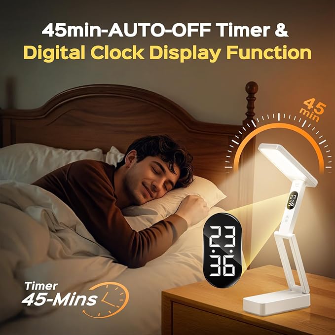 Small Desk Lamp,10000mAh Battery Operated Lamp,3 Colors+Dimmable Desk Light,LED Desk Lamp with USB Charging Port+Digital Clock+45min-Timer,Wireless & Portable Light,Desk Lamps for Home Office,Craft