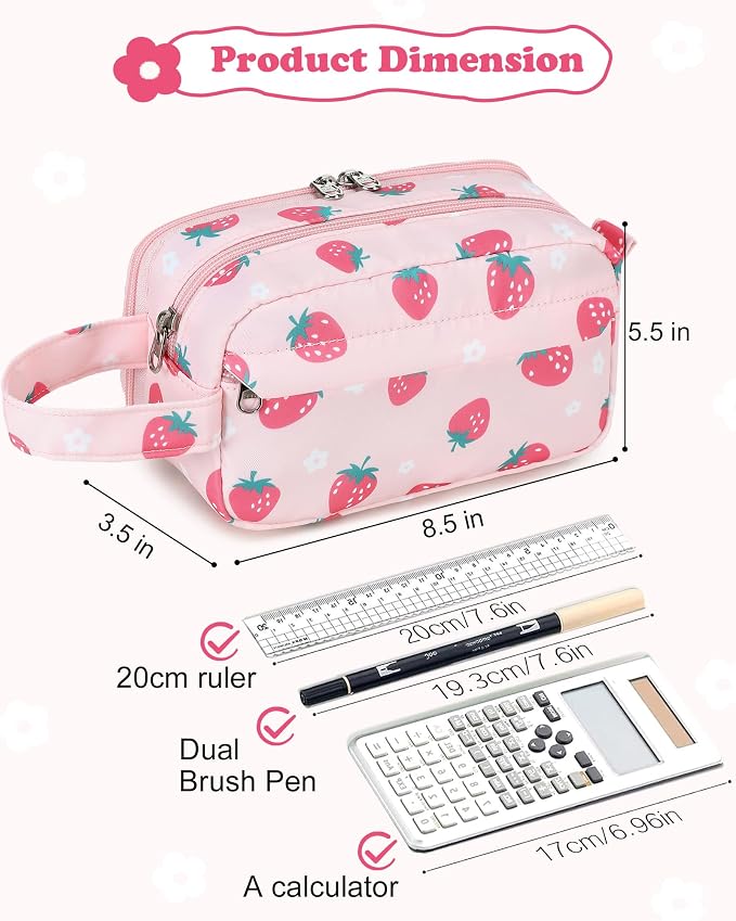 CAMTOP Cute Pencil Case for Girls, Large Capacity Pencil Pouch with 3 Compartments Pen Organizer Pink Kawaii Pencil Box Bag for School Travel Gifts
