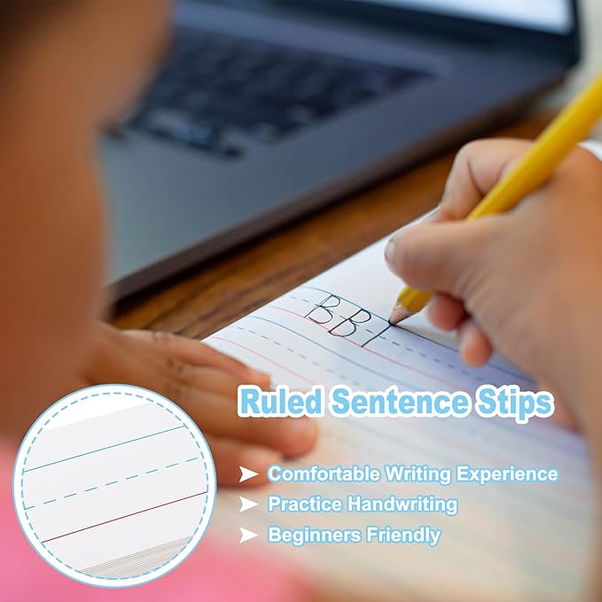 PATIKIL 100 Sheets Dry Erase Sentence Strips, 2" x 12" Reusable Cardstock Blue Red Lined Writing Paper Ruled Sentence Strips for Teachers Classroom Schedule