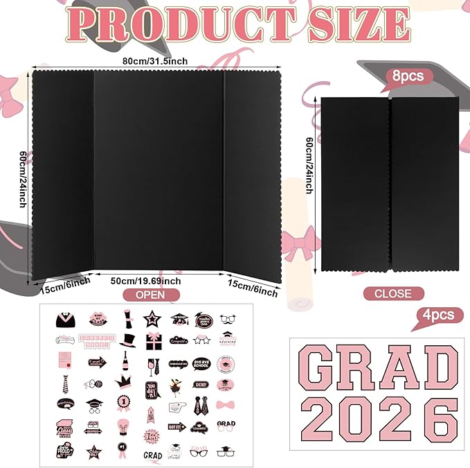 MiniInflat 4 Set 2026 Graduation Picture Trifold Poster Board Double-Sided Foldable Photo Display Board Graduation Decoration for Class of 2026 High School College DIY Craft(Pink,24 x 16 Inches)